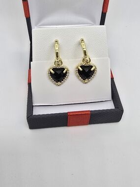 Gold-Plated Heart Drop Earrings with Black Stone